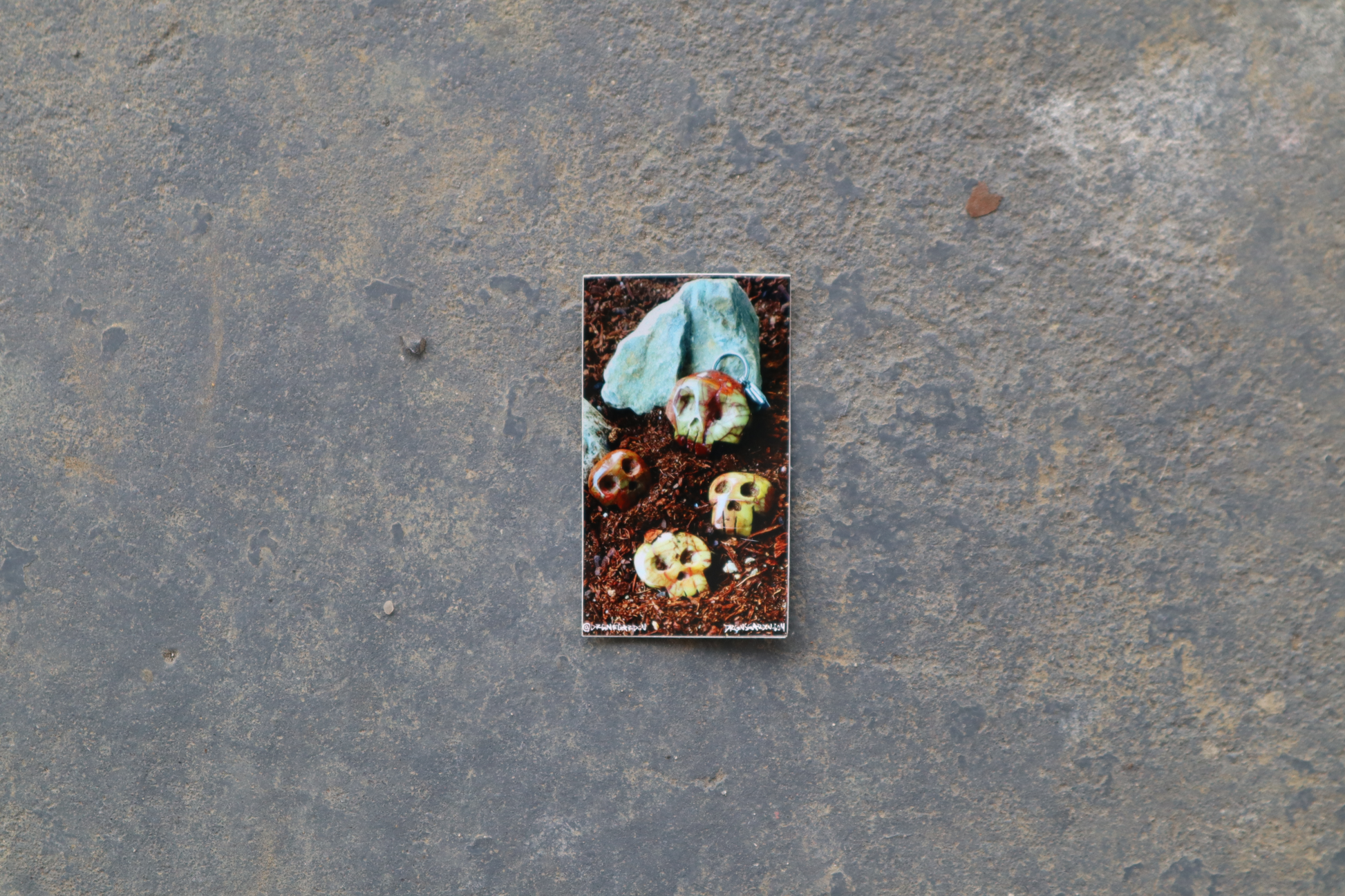 A single 2" x 3.5" sticker of 4 brown stones, carved into skull shapes. Sticker sits atop a gray surface