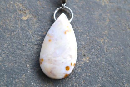  a close-up picture of a pointed oval-shaped stone and a tear drop-shaped stone, with a stainless-steel clasp attached to it, against a blue/grey stone background. The stone pendant is light grey, light blue, and white in color, with brown dots scattered across its surface. 