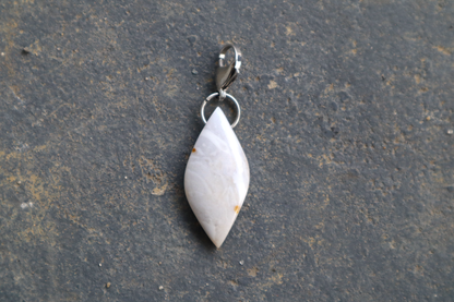 a pointed oval-shaped stone with a stainless-steel clasp attached to it, against a blue/grey stone background. The stone pendant is light grey, light blue, and white in color, with 2 brown dots on its surface. 